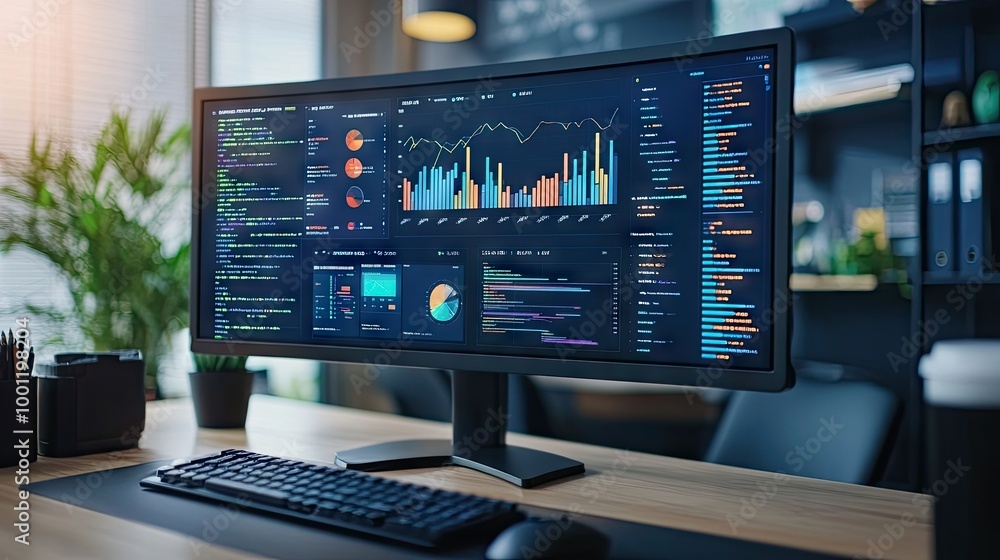 Poster analytical workspace showing a computer monitor with diverse data visualizations and charts, colorfu