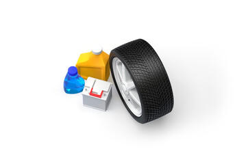 A set of car spare parts for winter. Wheels with a tire on spikes, non-freezing liquid for glasses, battery, oil. 3d on the topic of auto parts, shop, transport, car service. Transparent background.