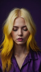 Fototapeta premium Portrait of woman with platinum blonde hair and serene expression, eyes closed