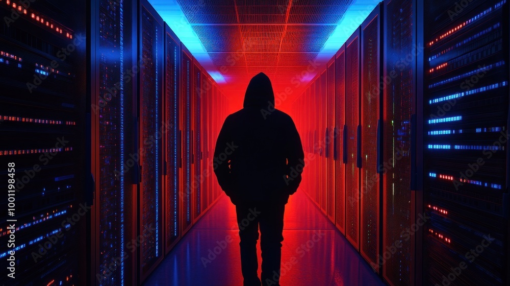 Poster hacker walking through a server room
