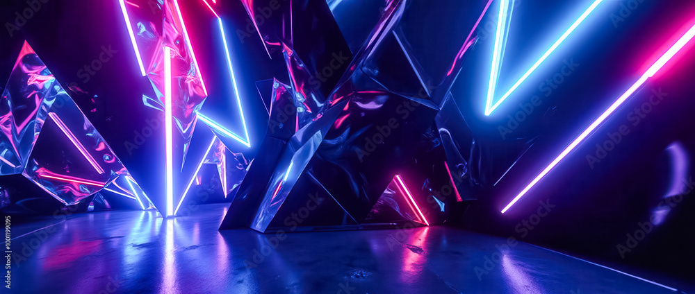 Poster an abstract geometric landscape unfolds with sharp angular shapes illuminated by vibrant neon lights