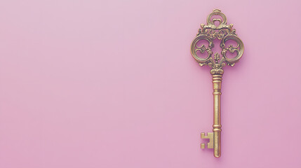 Vintage Brass Skeleton Key on Pink Pastel Background