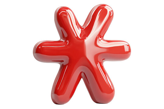A highly polished 3D red asterisk icon with smooth, rounded edges on a white background, conveying notions of importance, footnotes, and additional information.