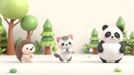 Obraz premium Tiny Hedgehog, Kitten, and Panda