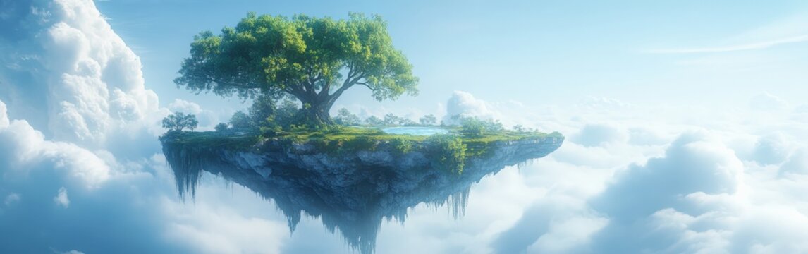 turquoise landscape painting floating in air with ethereal clouds