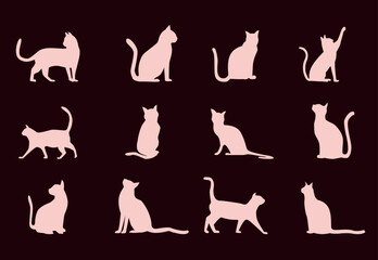 set cat silhouette vector illustration collection pink color and black background