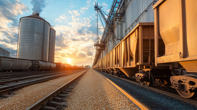 "Loading railway carriages with grain at a grain elevator, showcasing the significance of silos and warehouses in the harvesting process."






