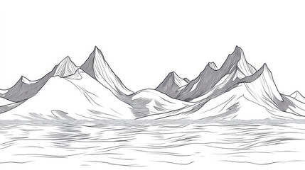 An intricate black and white drawing of a mountain range, showcasing majestic peaks and a serene expanse, evoking feelings of tranquility, exploration, and nature's grandeur.