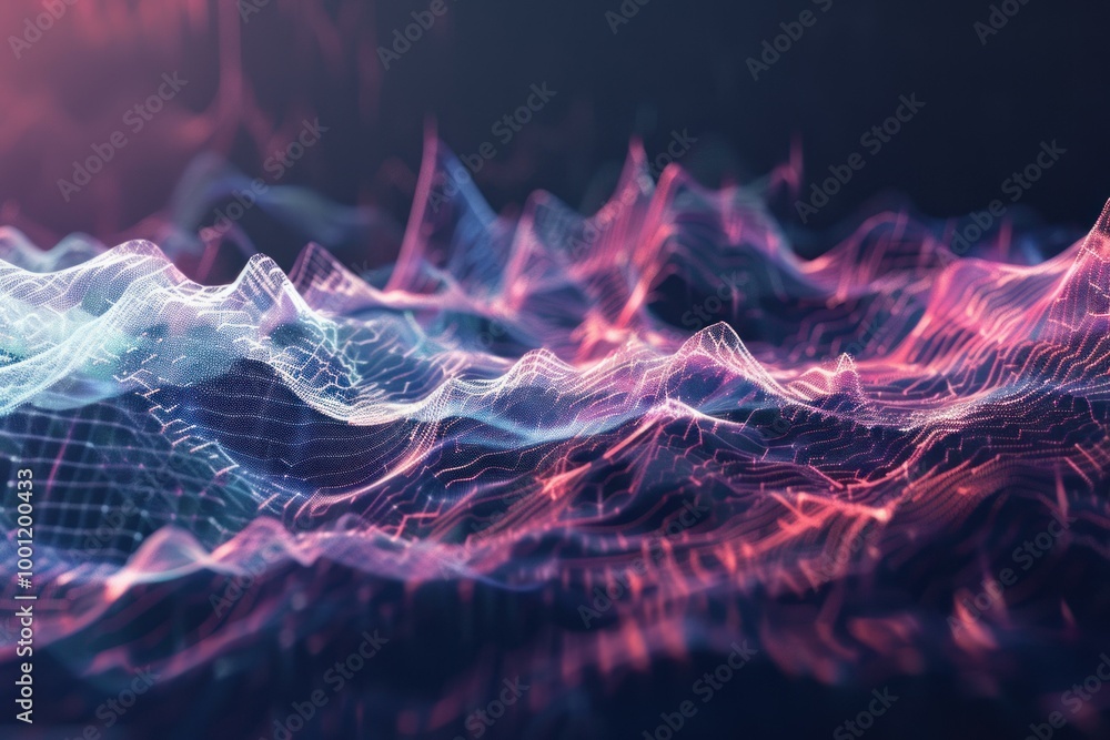 Poster abstract colorful plexus landscape forming from lines and dot particles is representing modern scien