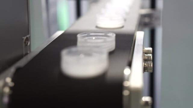 The row of  plastic bottle caps on the conveyor belt.