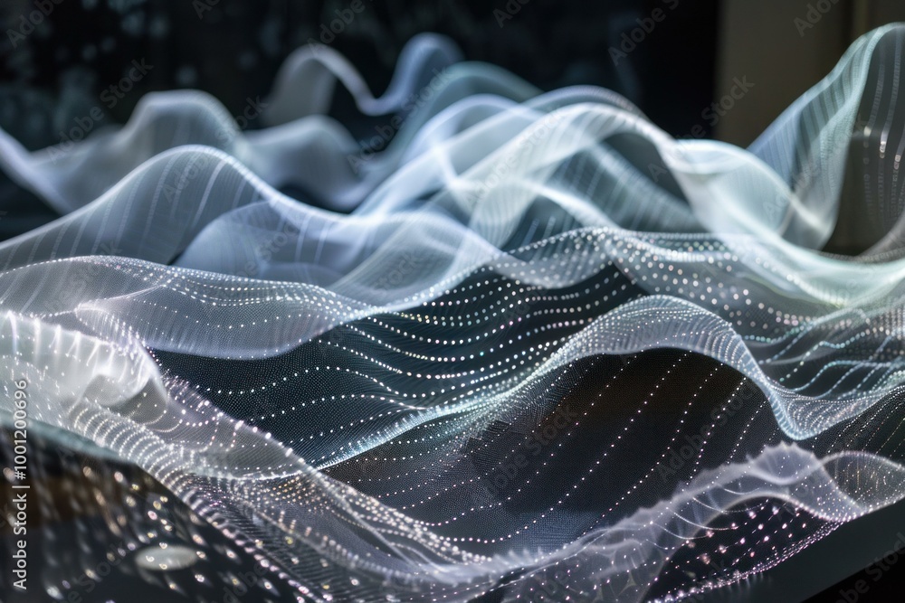 Poster abstract white wavy pattern flowing on black background with particles