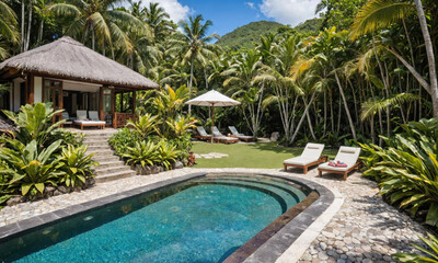 Fototapeta premium A tropical villa with a private pool surrounded by lush greenery and palm trees