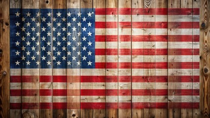 Fototapeta premium Patriotic American flag with raised stars hanging on wooden wall background decor