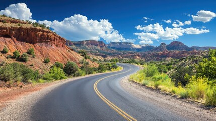 Fototapeta premium A curving road meanders through the deep red canyons of los castillos, contrasting with vibrant green shrubbery under the expansive blue sky