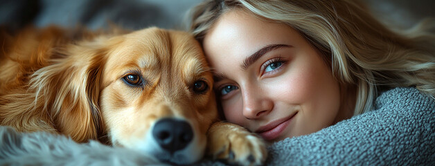 Closeup photo of a cute woman and a dog posing to the camera with smile and lovely friendly looking on their face expressions  