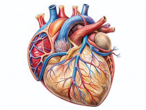 Intricate hand-drawn illustration of the human heart's anatomy, showcasing its chambers, valves, and vessels in precise