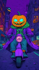 Jack-O’-Lantern-Headed Figure Riding a Scooter in Vibrant Halloween-Themed Urban Scenes, Featuring Neon Colors, Spooky Vibes, and Surreal Fantasy Art