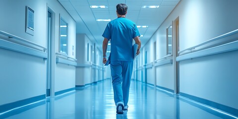 A doctor walks down a hospital corridor, with a file in his hand, with a clear focus on his feet.