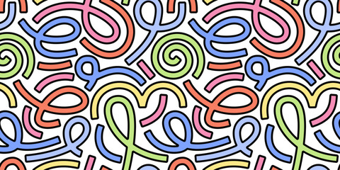Vibrant and dynamic seamless memphis pattern with colorful swirling loops and curved lines. Perfect for use in wallpapers, or wrapping paper. Simple and childish scribble pattern design.