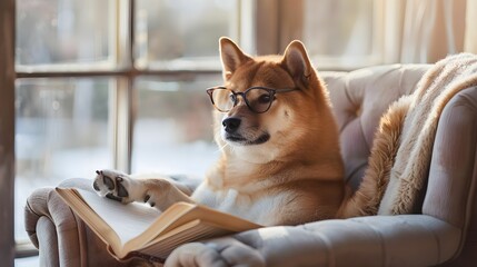 A Shiba Inu wearing glasses sits comfortably in an armchair reading a book in a cozy living room during the afternoon