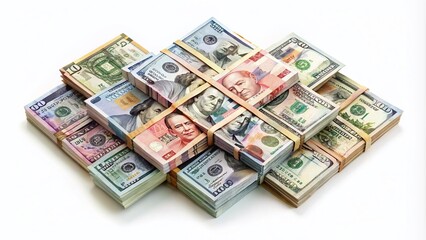 Isolated stack of various currency bills in different denominations, arranged neatly in a crisscross pattern, against a