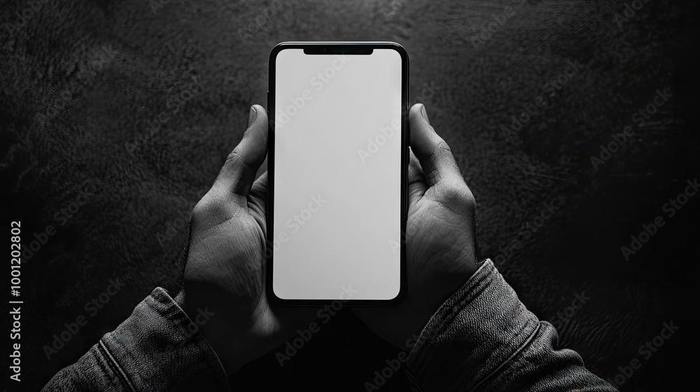 Poster black and white image of hands holding a smartphone with a blank screen, ideal for showcasing user i