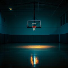 Intense Training Atmosphere with Basketball Hoop and Backboard on Empty Court under Dramatic Lighting