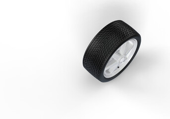 A car wheel with winter tires. Cast white disc. There are metal spikes on the tire for snow and ice. 3d rendering on the topic of security, traffic, tire service, spare parts. Transparent background.