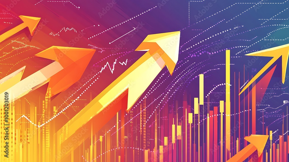 Poster abstract colorful background with upward arrows and financial charts.