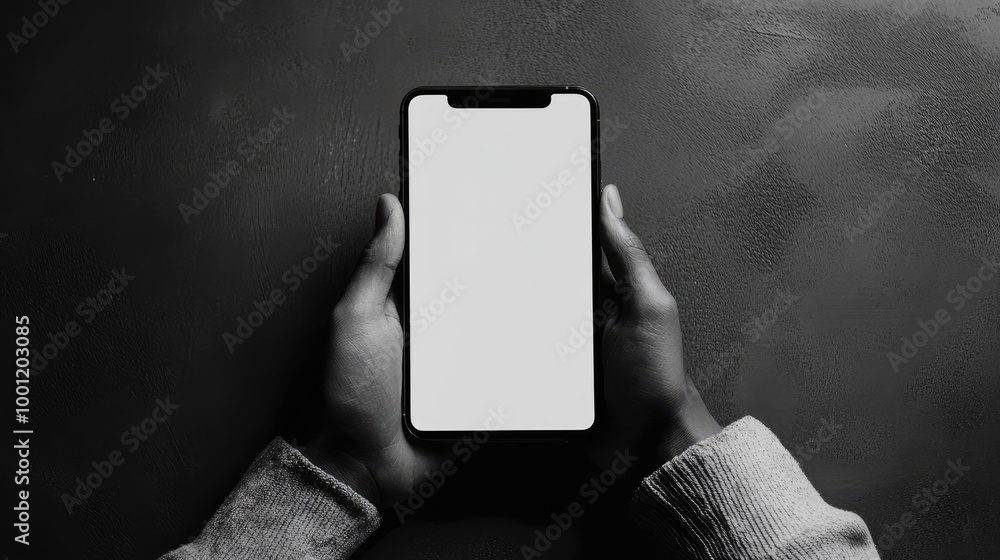 Poster black and white image of hands holding a smartphone with a blank screen, perfect for creating mockup