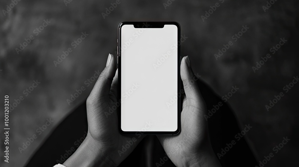 Poster black and white image of hands holding a smartphone with a blank screen, perfect for creating mockup