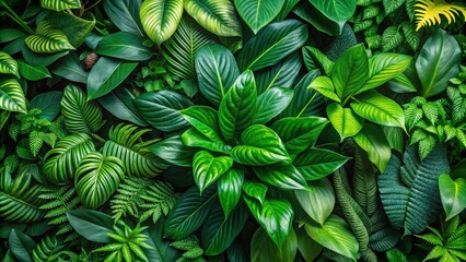 Lush, vibrant green foliage with varied leaf textures and shapes creates a serene, natural background with a subtle