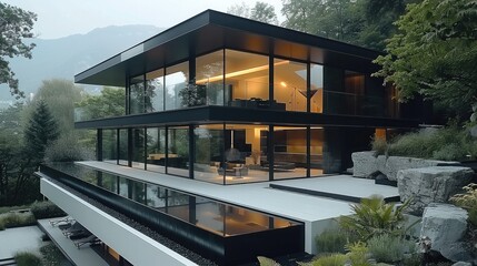 Fototapeta premium Front modern contemporary house design transparent house minimal style, materials glass and black frames, nature, Located in mountains.