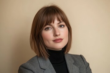 Obraz premium A young woman with a bob haircut exudes confidence while wearing a gray blazer and turtleneck in a neutral setting