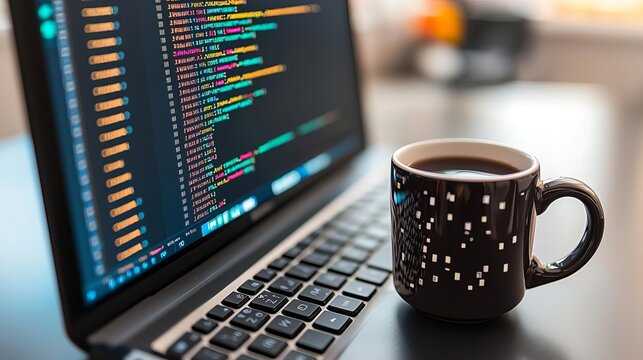 Software Engineer Coffee mug beside a keyboard with an open code editor on the screen, Software Engineer, work-life and dedication