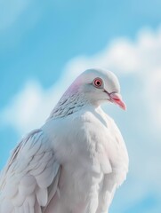 Fototapeta premium A close up of a white pigeon with striking red eyes against a soft blue sky The feathers are pristine, showcasing intricate details and a serene expression