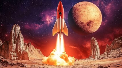 Obraz premium A rocket launches towards the distant planet Mars from a rocky alien landscape under a starry sky at dusk