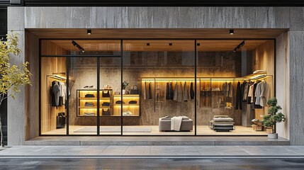 Modern fashion boutique storefront with stylish interior