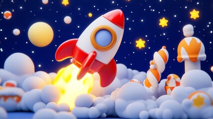 A playful rocket launches into a starry night sky surrounded by colorful clouds and whimsical celestial elements