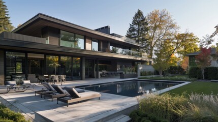 A modern, elegant house with sleek architectural lines and a luxurious outdoor pool area, surrounded by lush greenery under clear skies.