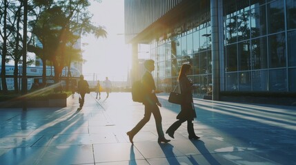 People walking in a cityscape with the morning sun casting long shadows on the pavement, indicating the start of a new day in a bustling urban environment.