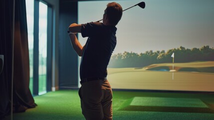 A man plays golf indoors using a golf simulator, concentrating intently on his swing in a virtual environment.