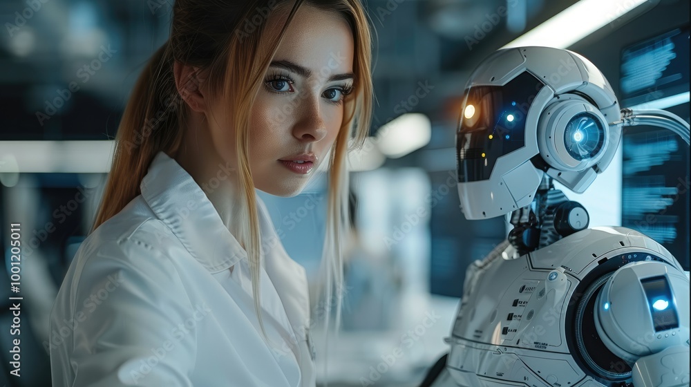 Aufkleber A female business woman is working with a robot on a computer in the office. Her team member is using AI technology to assist her with her work, writing documents and performing other tasks.