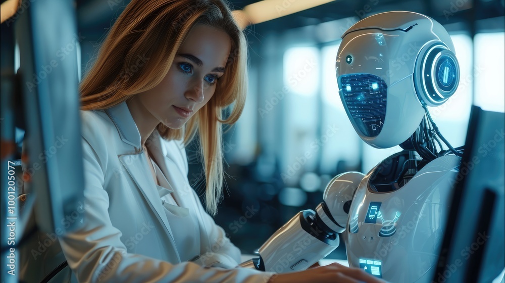 Aufkleber a female business woman is working with a robot on a computer in the office. her team member is usin