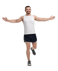 Handsome young man running on white background