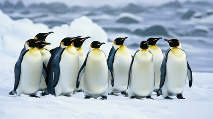 Obraz premium Penguins Huddled Together on Snowy Landscape