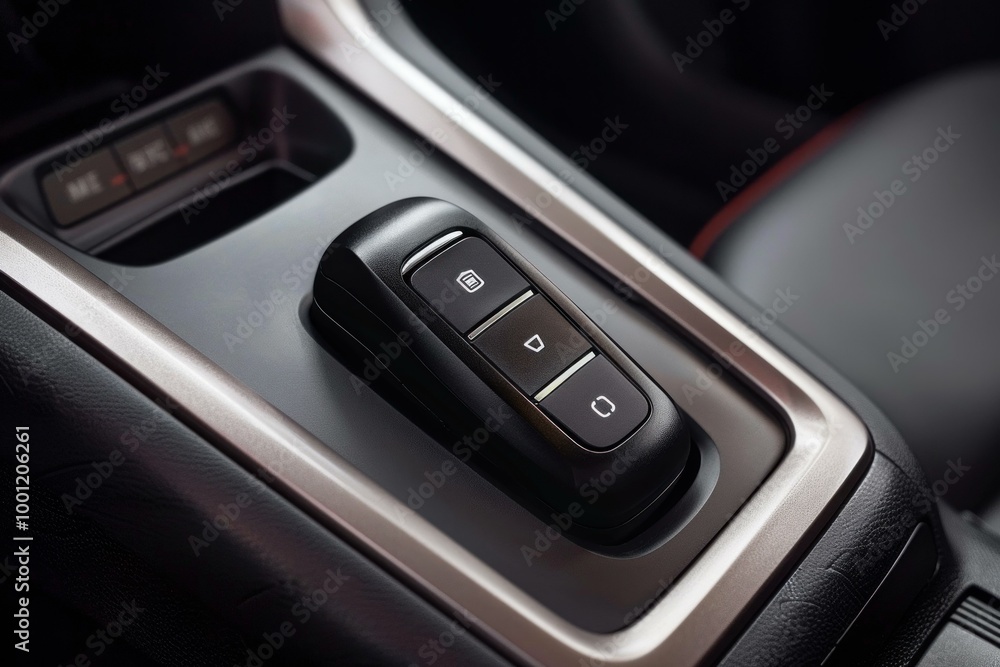 Poster modern car key remote control with buttons to lock and unlock the doors lying in a car center consol