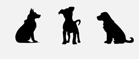 Dog silhouette collection vector. Dog in various poses and activities like jumping, sitting, running, playing, and standing. Silhouette black puppies, pet dog vector