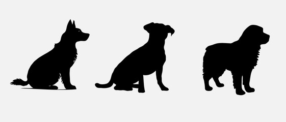 Dog silhouette collection vector. Dog in various poses and activities like jumping, sitting, running, playing, and standing. Silhouette black puppies, pet dog vector