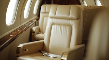 Luxurious, cream-colored leather seats inside a private jet, highlighting comfort and class.